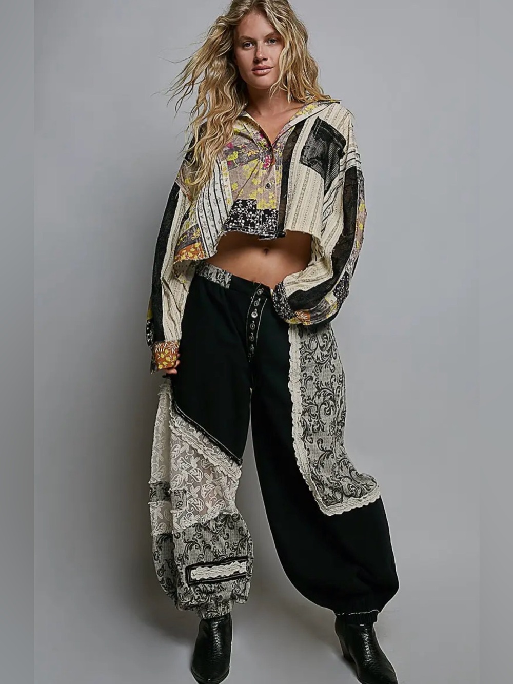 NEW Pol Patchwork Crochet Button-Front Cropped Jacket Shirt - Picture 5 of 6